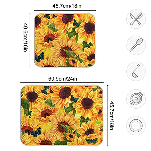Super Absorbent Dish Drying Mat Microfiber Fast (Sunflowers Blue Butterflies / 18" x 24")