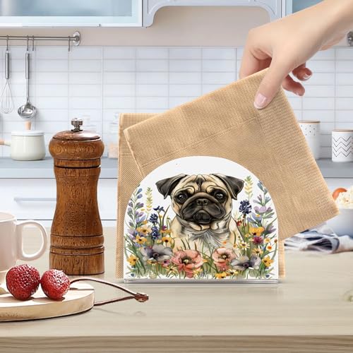 Pug Dog Wild Flowers Napkin Holder for Table Paper Napkins Holder Acrylic Tissue Dispenser Kitchen Dining Room Bathroom Party Car Decor (NH078 / 4.1x4.9x1.97in)