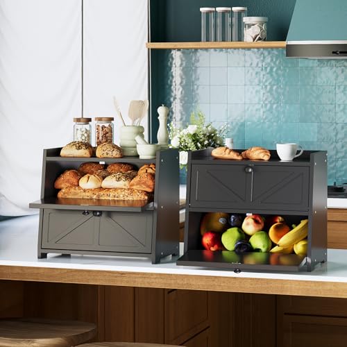 Vintage Double Layer Bread Box for Kitchen Counter Bamboo Bread Storage Container Large Capacity Bread Storage Bin (Black)