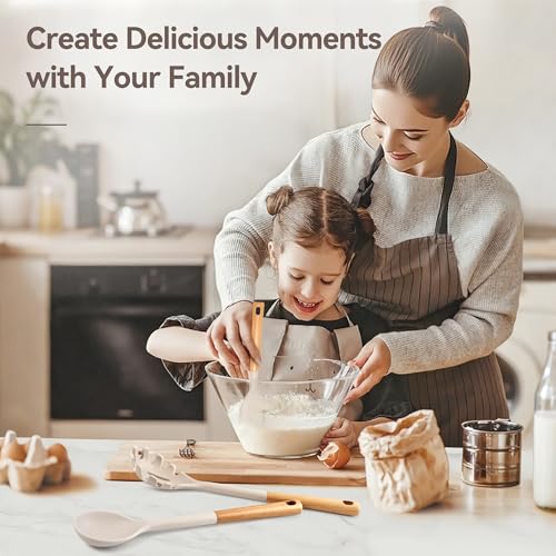 6 Pcs Silicone Kitchen Utensils Set Wood Handle BPA (Khaki-A / 6 Piece)