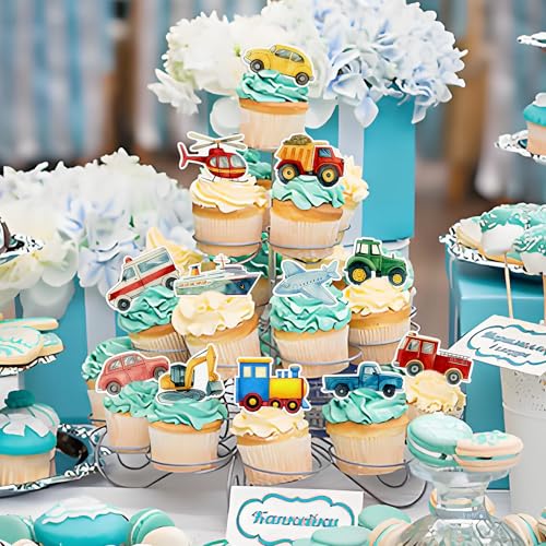 48Pcs Edible Transportation Cupcake Toppers Edible Cute Airplane Train Vehicle Boat Tractor Cupcake Picks for Transportation Theme Baby Shower Kids Birthday Party Decorations (Transportation)