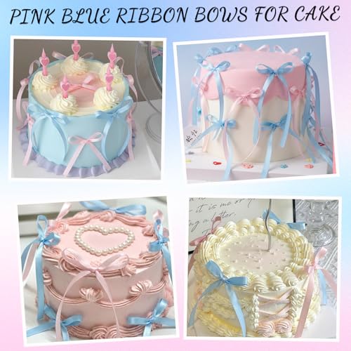 30 Pack Pink Blue Bow Cake Toppers Ribbon Bows for Cake (Pink, Blue)