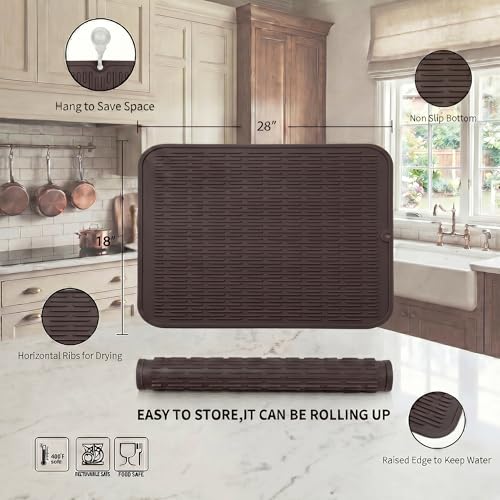 Silicone Dish Drying Mat for Multiple Usage (Coffee / 28"L x 18"W)