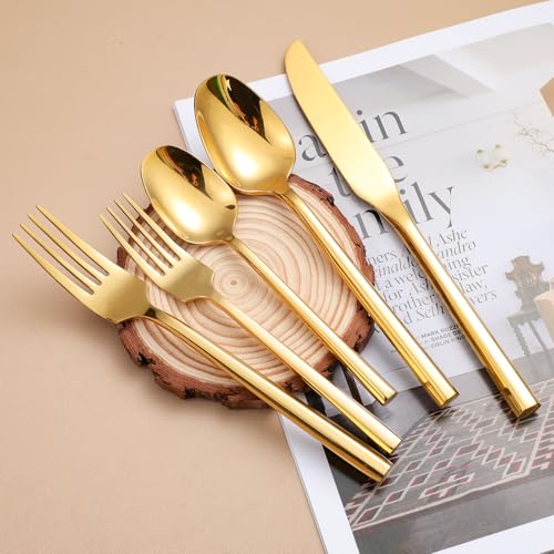 Mirror Silverware Set Gold Flatware Set with Hexagon Handle 20 Pieces 18 (Gold Mirror)