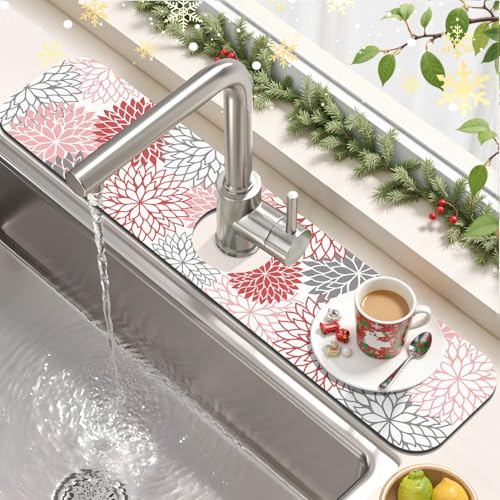 2Pcs Floral Christmas Dish Drying Mat & Sink Splash Guard (Red / 12" X 20" + 24" X 5.5")