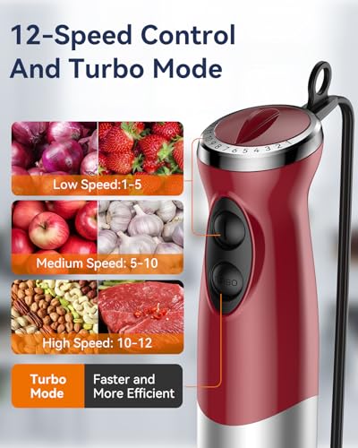 Immersion Blender Handheld 1000W 5 in 1 Corded Stick Hand Blender Kitchen with 12 Speed (Red)