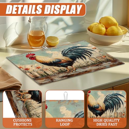 Vintage Rooster Dish Drying Mat for Kitchen Counter Microfiber Absorbent Dish Kitchen Drying Mat Draining Reusable Washable for Dishes