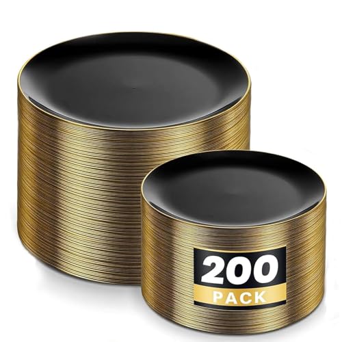200Pcs Black Plastic Plates (Black and Gold / 200PCS)