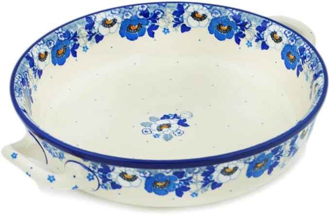 Polmedia Polish Pottery Round Baker with Handles 10-inch - Blue Spring Blue Pattern Handmade in Boleslawiec Poland by Ceramika Artystyczna + Certificate of Authenticity