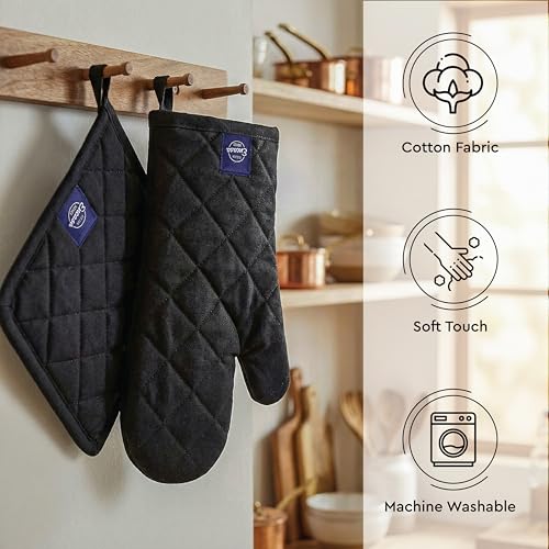 Oven Mitts and Pot Holders Set (Oven Glove + Pot Holder / Full Black)