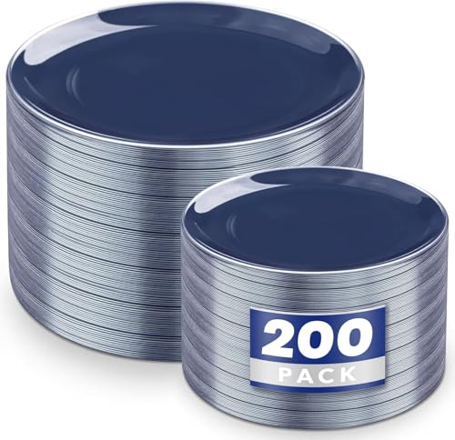 200PCS Blue Plastic Plates with Silver Rim (Blue and Silver / 200)