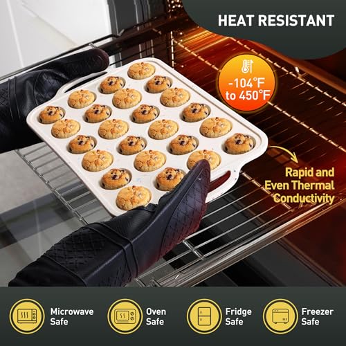24 Cups Silicone Muffin Pan with Metal Reinforced Frame Mini Size Cupcake Pan Tray Egg Bites Silicone Circle Cookie Molds Muffin Tin Tart Pans Non Stick Toxic Oven Safe Baking Sheet Set (Mini / Cream)