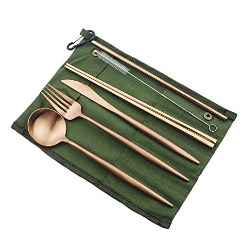 Reusable Travel Utensils (Green Pouch / Rose Gold)
