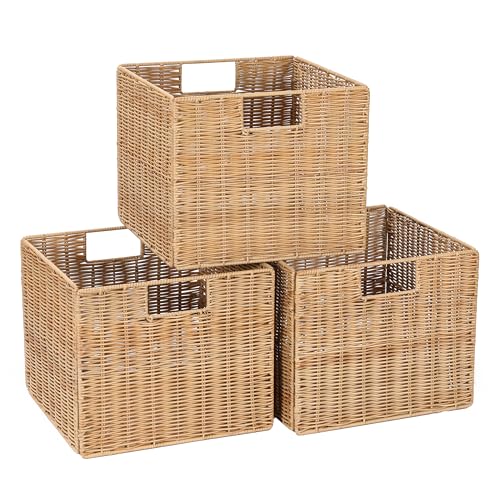12X12X10in Plastic Wicker Storage Basket (Natural)