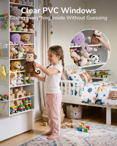 Stuffed Animal Organizer Over the Door (Clear Window Grey / 1 Pack-5 Tier)