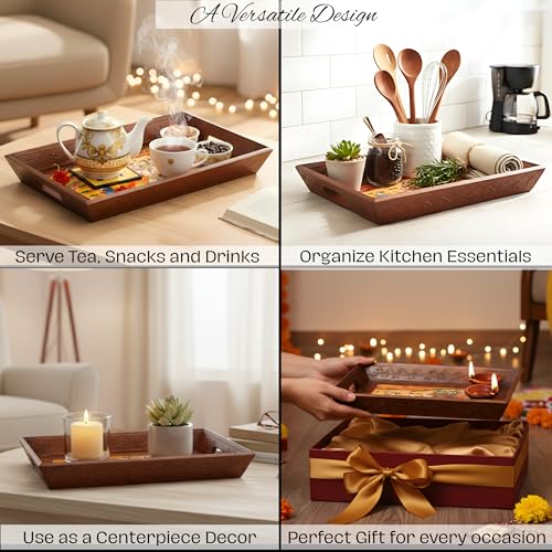 Hand Painted Wooden Serving Tray Set of 3 (Brown / Set of 3)