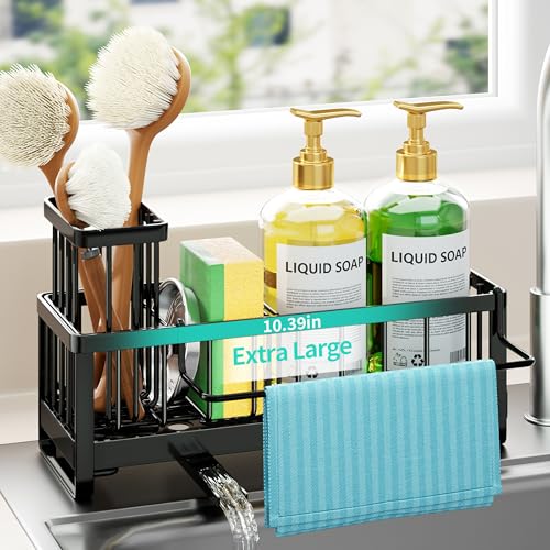 Sponge Holder for Kitchen Sink (Black-Large / with Dishcloth Holder)