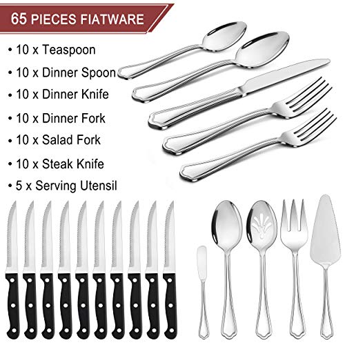 65 Piece Silverware Flatware Set for 10 (Scalloped Edge)