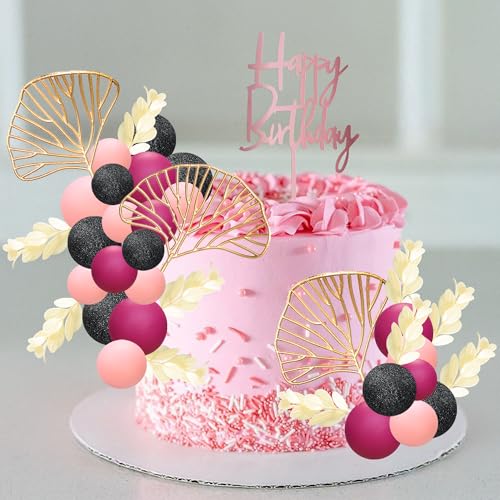 57Pcs Balls Cake Topper Boho Grass Cake topper Pearl Balls Acrylic Happy Birthday Cake Decorations for Wedding Baby Shower Birthday Boho Themed Party Supplies Black Pink Rose Red (Black Pink Rose Red)