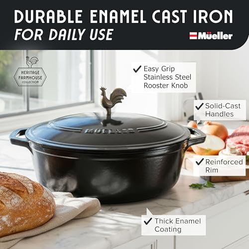 MUELLER HOME 5.5 Quart Enameled Cast Iron Oval Dutch Oven with Rooster Knob & Cotton Potholders (5.5 Quart -Oval / Black)