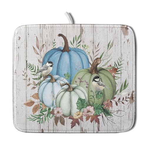 Fall Blue Pumpkin Dish Drying Mat 16x18 inch Autumn Harvest Dish Rack Mats Reversible Microfiber Drainer Pad for Kitchen Countertop Decor (Blue Pumpkin / 16" x 18")