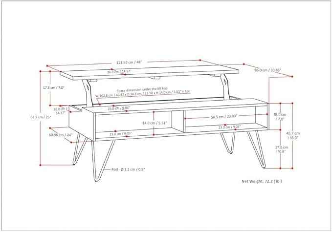 SIMPLIHOME Hunter Lift Top Coffee Table - 48 inch Wide Solid Mango Wood and Metal Industrial Cocktail Table in Umber Brown, Functional Living Room Table with 2 Storage Cubbies and Hairpin Legs