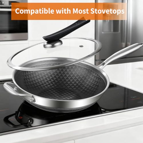 12-Inch Tri-Ply Stainless Steel Nonstick Wok with Lid, Induction (12 Inch/New)