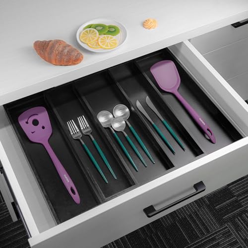 Bamboo Drawer Organizer Kitchen Utensils (Black / Large)