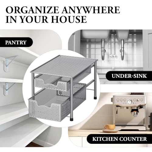 Stackable 2 Tier Sliding Basket Organizer Drawer (2-Tier / Silver)