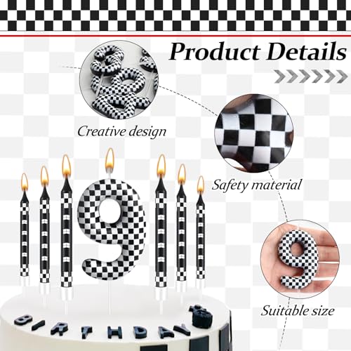 13 Pcs Racing Cars Themed Birthday Candles Black and White Race Number 9 Checkered Candle Cake Topper for Racing Car Party Decoration Supplies (13 Count)