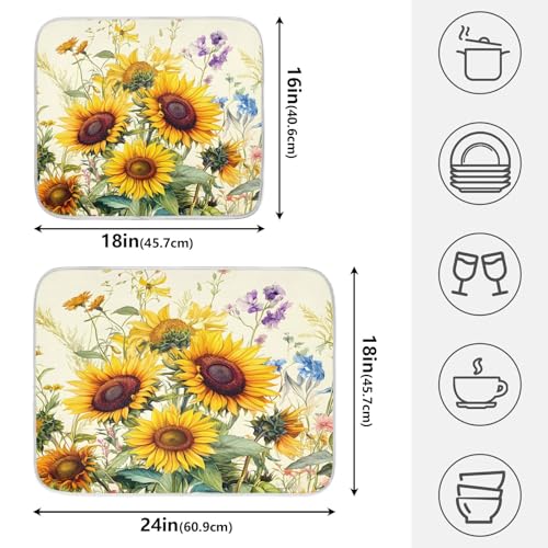 Blooming Sunflowers Dish Drying Mat for Kitchen Counter Absorbent Microfiber Large Drying Pad Dish Mats for Kitchen Countertops 18 x 24 Inch (24" x 18")