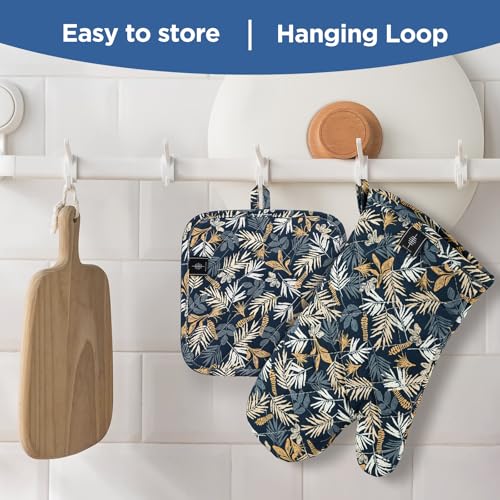 Oven Gloves Heat Resistant Potholder Set Oven Gloves with Anti (Blue Leaves - Set)