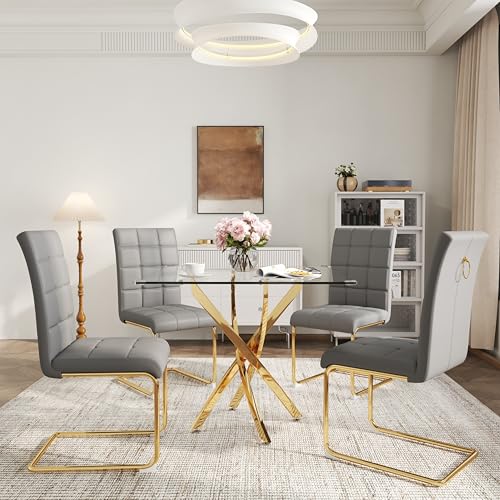 5 Piece Square Glass Dining Table Set (Square Table - 4 Gold Grey Chairs)