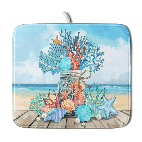 Coastal Coral Dish Drying Mat 16x18 inch Starfish Shell Fast Dry Microfiber Dish Rack Mats Drainer Pad for Countertop Kitchen Table Decor (Coral Vase / 16" x 18")