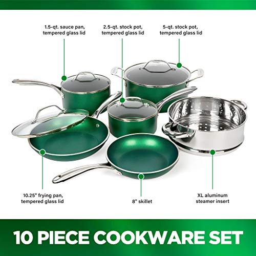 Diamond Granite Stone Classic Emerald Pots and Pans Set with Ultra Nonstick Durable Mineral & Diamond Tripple Coated Surface (Emerald Green)