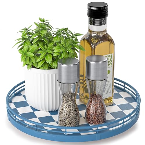 Blue and White Checkerboard Lazy Susan with Rubberwood Base and Metal Rail (Blue & White / 10 inches)
