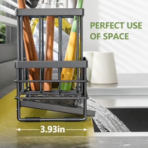Sink Caddy Sponge Holder for Kitchen with Brush Holder and Stainless Steel Self Drain Tray (8.26'' / Gray)
