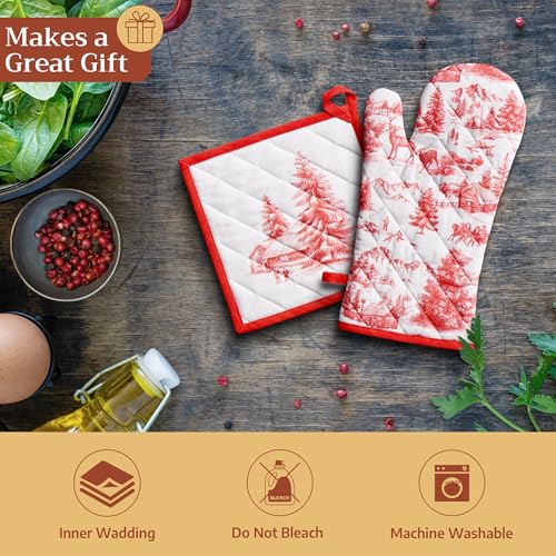100% Cotton Oven Mitt & Pot Holder Set (120 - Winter Jouy / 7.5" x 13" & 8" x 8" (Oven Mitt & Pot Holder))