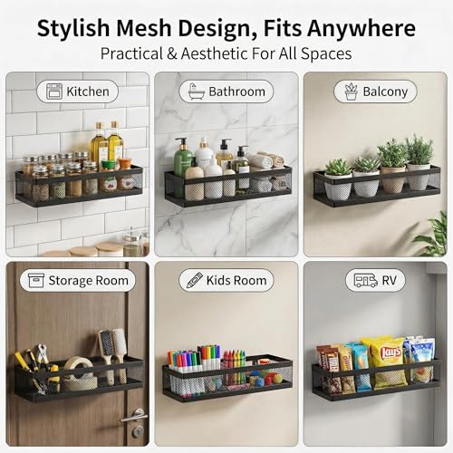 5-in-1 16.5" Extra Long Slim Wall Mount Wrapped Mesh Kitchen Organizer & Shower Caddy Kit, with Paper Towel Holder, Utensil Holder, Soap Dish, Holds 50LBS - Matte Black, Netting (Matte Black / 5-in-1 Full Mesh (16.5" Extra Long))