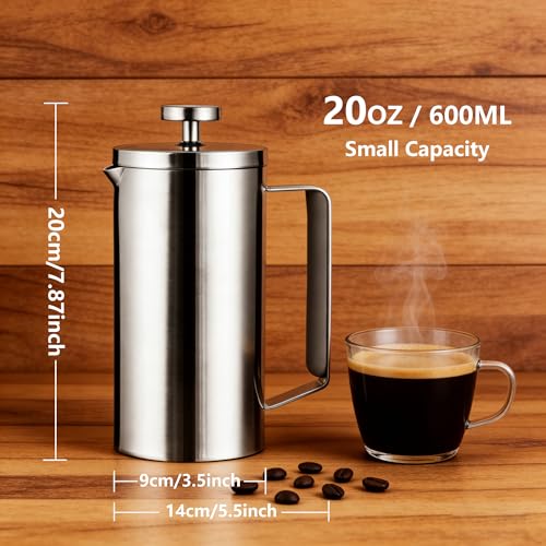 600ml Small French Press Coffee Maker (20 oz / Silver matte)