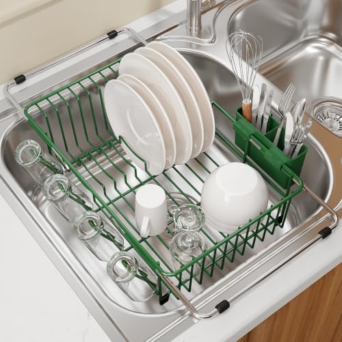 Green Expandable Dish Drying Rack Over Sink with Anti (Green / For 11.5"-16" W Sink with Cup Holder)