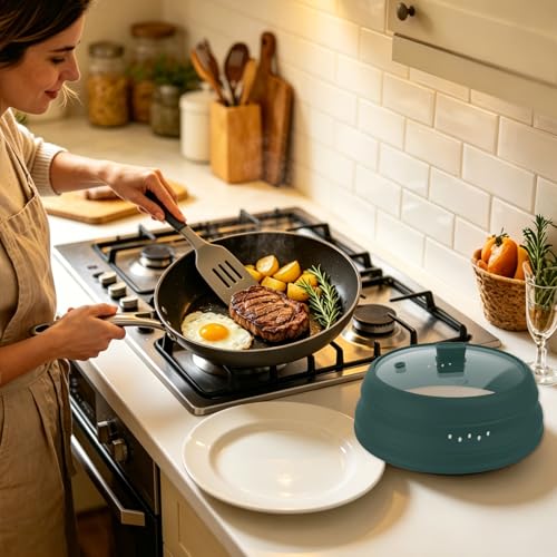 Microwave Splatter Cover Glass Guard Lid with Collapsible Silicone for Food Pot Plate Cover 9.8 inch Dark Green (Dark Green / 9.8 inch)