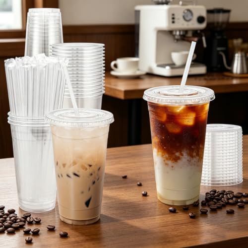 500 Pack 24 oz Clear Plastic Cups with Lids and Straws Disposable (Clear / 24 oz)