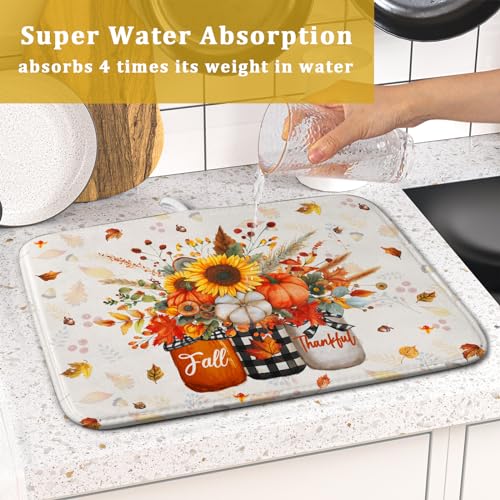 Autumn Pumpkin Dish Drying Mat 16x18 Inch Sunflower Flower Vase Washable Draining Mat with Hanging Loop Seasonal Holiday Home Decoration (Pumpkin Vase / 16" x 18")
