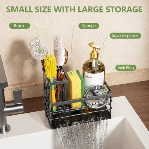 Sink Caddy Sponge Holder for Kitchen with Brush Holder and Stainless Steel Self Drain Tray (8.26'' / Gray)
