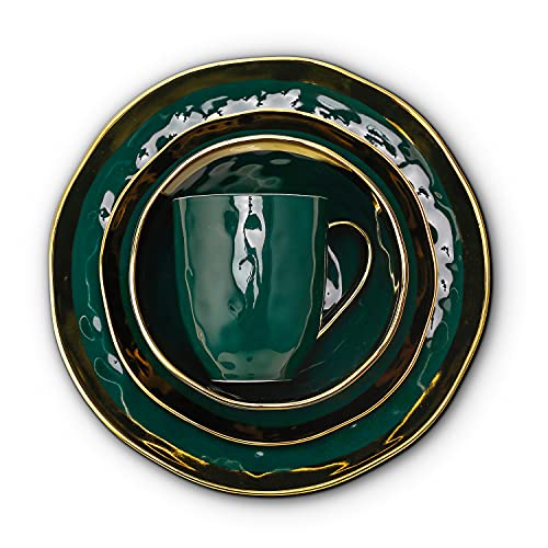 Florian Modern Porcelain 16 Piece Dinnerware Set (16-Pieces Service for 4 / Green with Gold Rim)