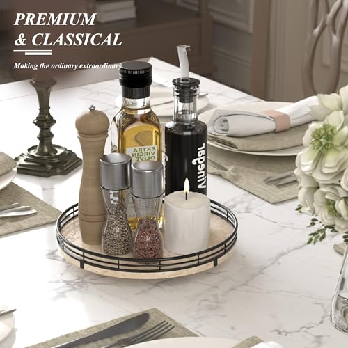 10 Inch Italian Travertine Lazy Susan with Black Metal Frame (Light Yellow & Black / 10 inches)