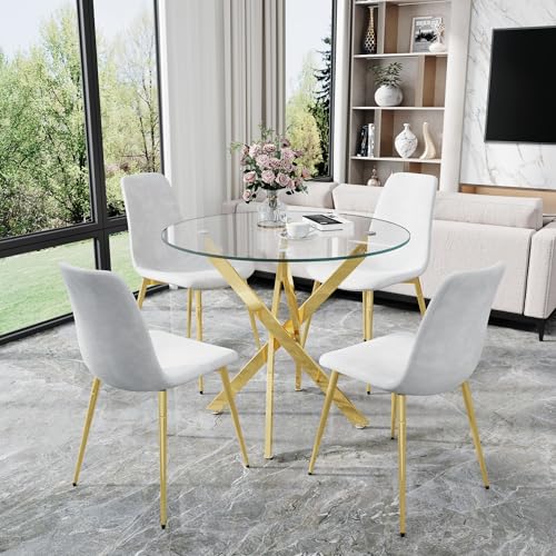 36" Round Glass Dining Table Set for 4 (Gold Round Table/White Velvet Chairs / 5 Pieces)