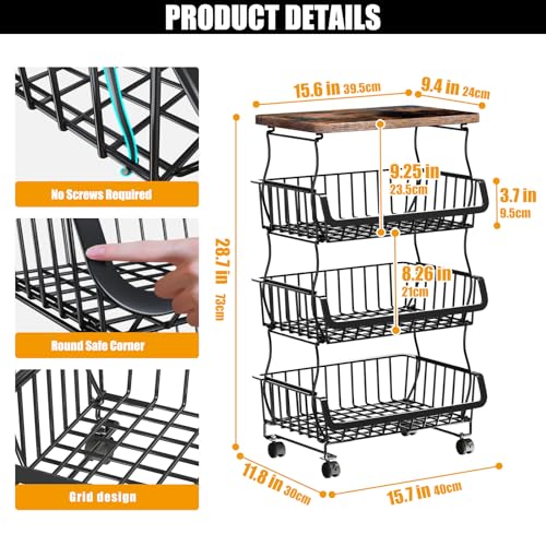 4 Tier Fruit and Vegetable Basket for Kitchen with Wheels (4 Tier / Black With Wooden Top)
