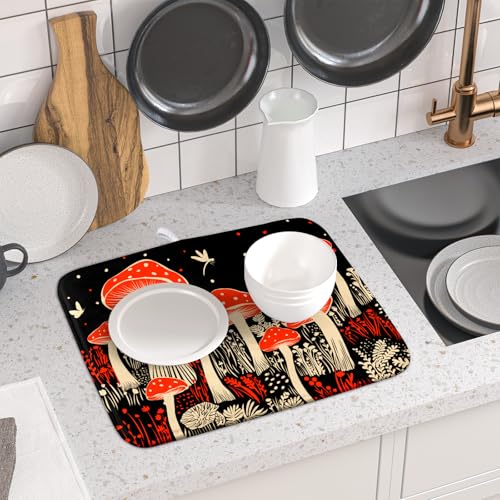 Red Mushroon Dish Drying Mat for Kitchen Counter Black Microfiber Absorbent Dish Pad Small (Red Mushroon 729 / 18" x 16")